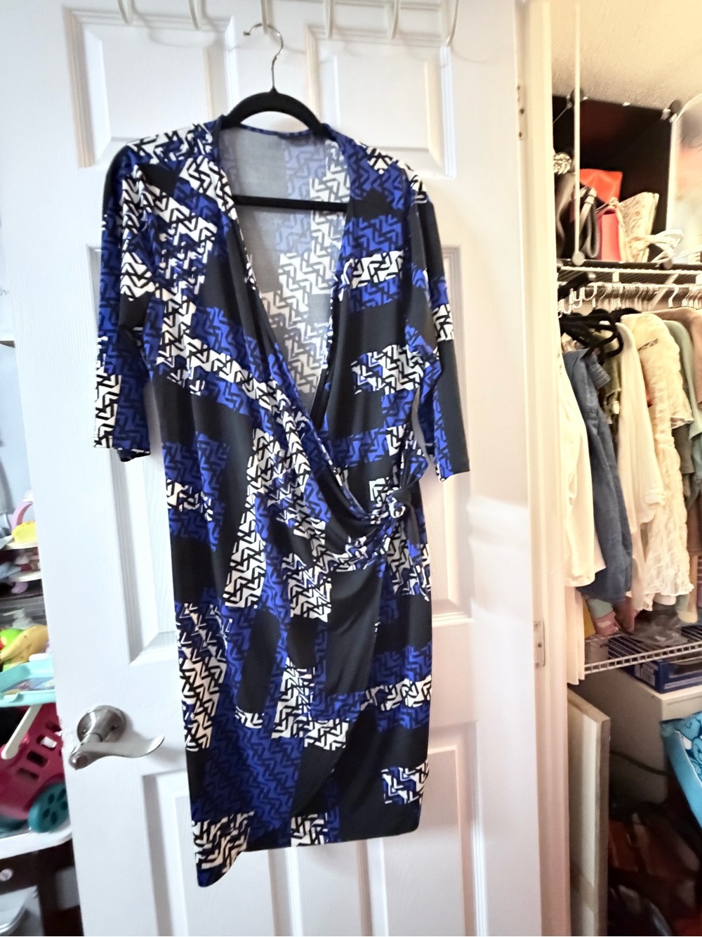 Apt. 9 Blue, Black and White Faux-Wrap Midi Dress